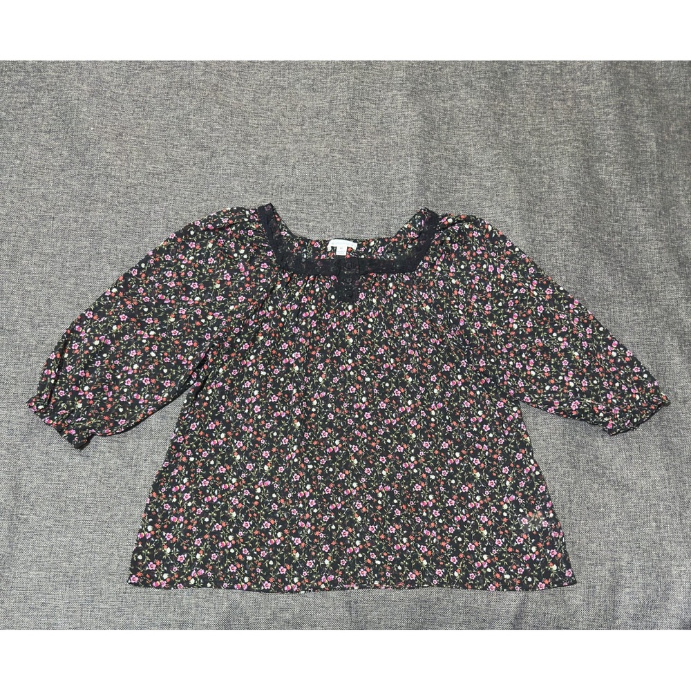 John Paul Richard Women's XL Blouse Black Floral Lace Trim 3/4 Sleeve M1281386J